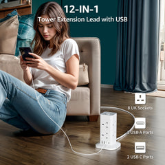 2M Tower Extension Lead With USB Slots, Hotimy 8 Way 4 USB (2 USB-A&2 USB C) Multi Plug Extension Tower, Surge Protected Extension Lead With Switch, 2 Meters Extension Cable For Home Office 13A 3250W