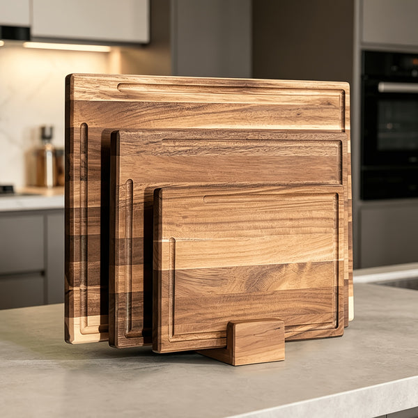 Acacia Wood Chopping Board Set of Four (Three Chopping Boards And One Stand); Thick, Solid Acacia Wood Chopping Boards, Suitable for Use in The Kitchen; Wooden Chopping Boards in Various Sizes; Wooden Chopping Boards for Kitchen Use