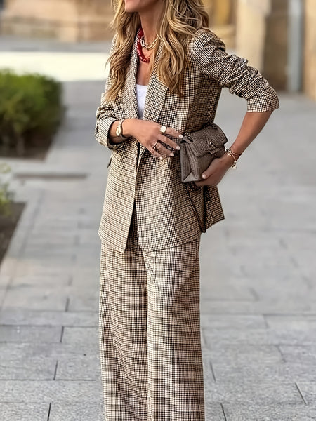 New Women'S Product: Lined Plaid Suit Jacket Top + Plaid Wide-Leg Pants Suit, Fashionable And Elegant for Commuting, Going Out, Professional Office, Street Style, Airport Daily Wear Suit Two-Piece Set, Suitable for Spring And Autumn Wear