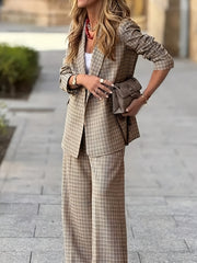 New Women'S Product: Lined Plaid Suit Jacket Top + Plaid Wide-Leg Pants Suit, Fashionable And Elegant for Commuting, Going Out, Professional Office, Street Style, Airport Daily Wear Suit Two-Piece Set, Suitable for Spring And Autumn Wear