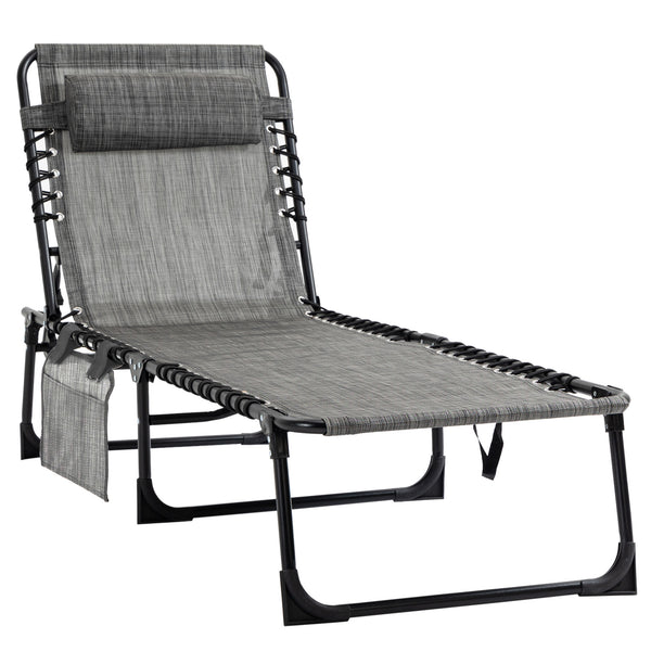 Portable Sun Lounger, Folding Camping Bed with Side Pocket and Pillow for Patio