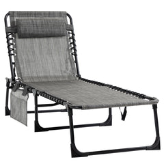 Portable Sun Lounger, Folding Camping Bed with Side Pocket and Pillow for Patio