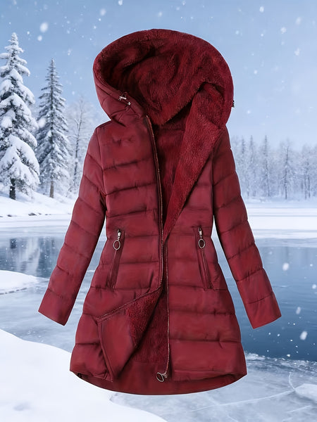 Women'S Winter Casual Mid-Length Fleece-Lined Hooded Jacket - Zippered Pockets, Machine Washable Winter Coat, Full Zip Closure, Regular Fit Sleeves, Fashionable Warm And Cold-Resistant, Comfortable Soft Fabric