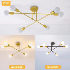 6-Light Modern Gold Sputnik Chandelier, Industrial Semi Flush Mount Ceiling Light Fixture, E27 Hardwired Metal Lamp for Living Room Dining Room