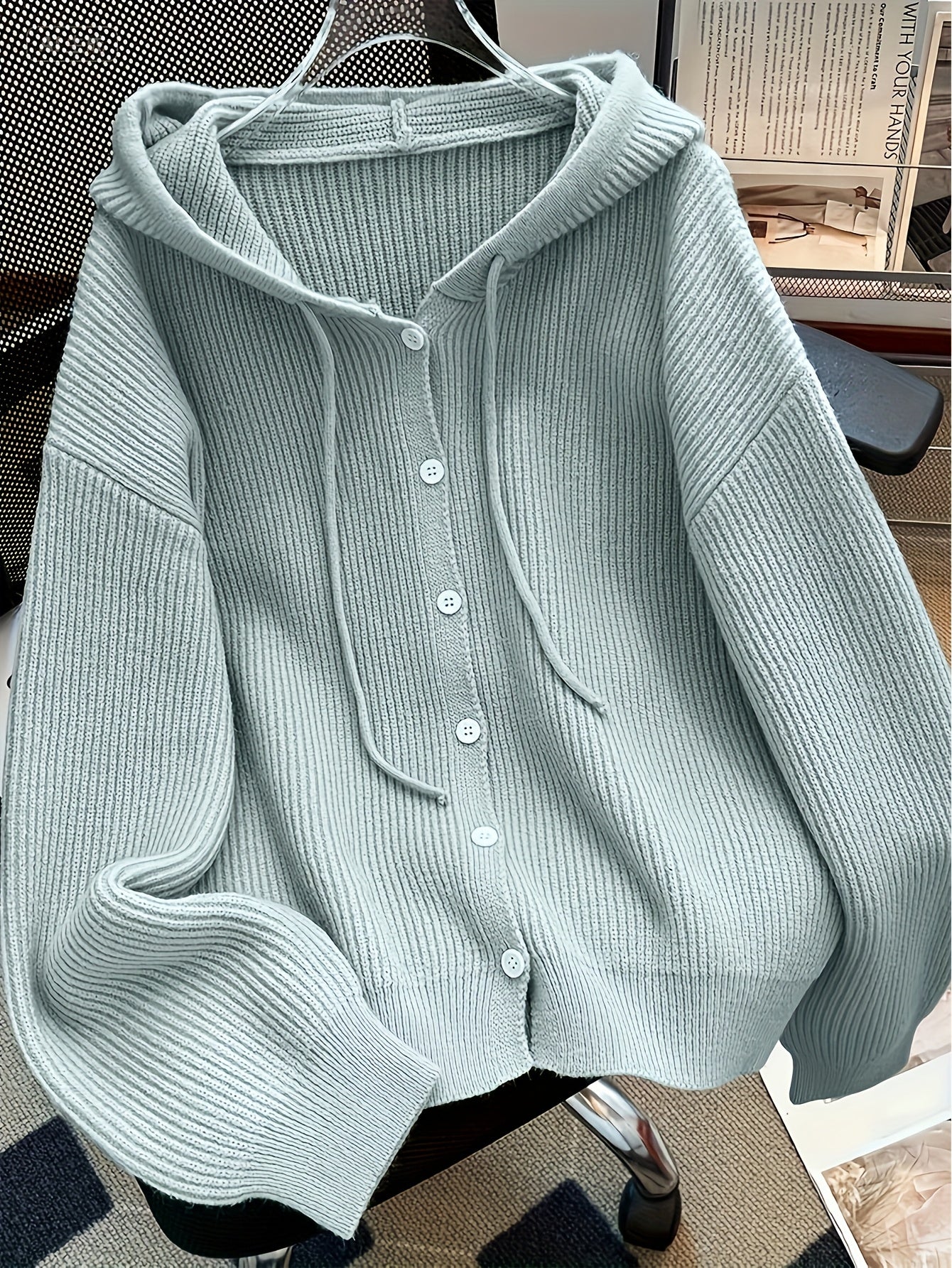 Hooded Button Sweater Cardigan, Spring Autumn Solid Color Casual Simple Open Front Soft Comfortable Elegant Women's Wear