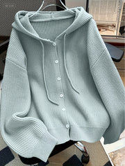 Hooded Button Sweater Cardigan, Spring Autumn Solid Color Casual Simple Open Front Soft Comfortable Elegant Women's Wear