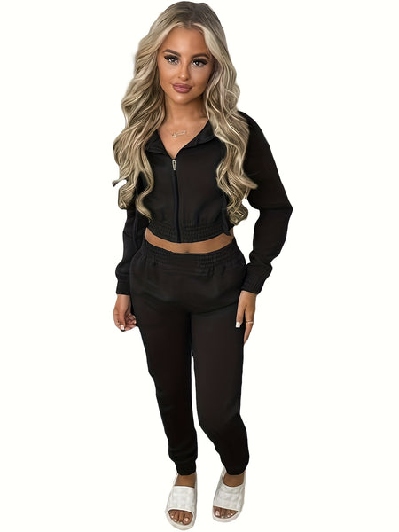 Women'S Fleece Hoodie Hooded Crop Top And Leisure Set