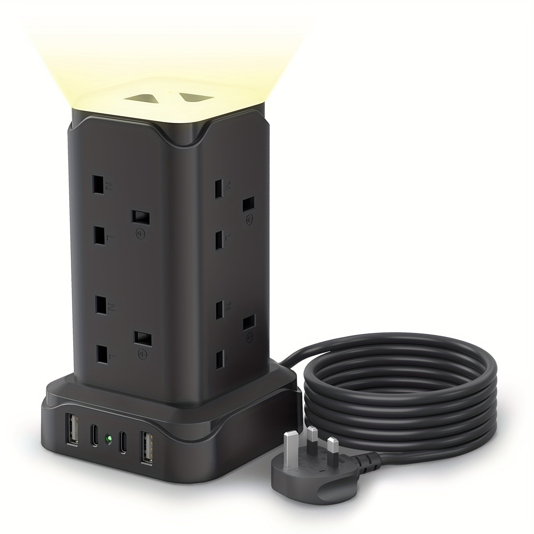 Upgraded New Product Tower Extension Lead with USB Slots 3.02m, 20W Fast Charger with Night Light, (13A 3250W)5 USB Ports & 8 Way, Surge Protected Extension Lead with 4 Independent Switch, Extension Cable for Home Office for Business for Factory