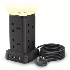 Upgraded New Product Tower Extension Lead with USB Slots 3.02m, 20W Fast Charger with Night Light, (13A 3250W)5 USB Ports & 8 Way, Surge Protected Extension Lead with 4 Independent Switch, Extension Cable for Home Office for Business for Factory