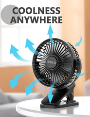 Portable USB Desk Fan - Rechargeable 2600Mah Stroller Fan with Powerful Airflow, Low Noise Clip-On Design for Pram, Camping, Home, Office, Travel_Black