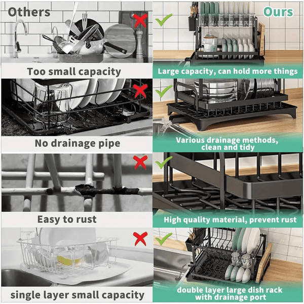 Premium 2-Tier Heavy-Duty Rustproof Dish Drying Rack with Drainboard & Utensil Holder - Space-Saving Kitchen Organizer with Upper & Lower Shelves, Dishwasher-Safe Design, Compact Countertop Storage for Plates, Bowls, Pots, Pans, Utensils - Sturdy Black Fr