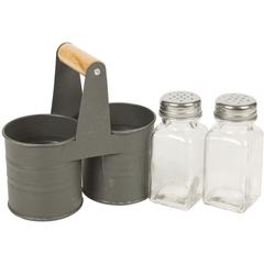 Envenzo Glass Salt and Pepper Shaker Set Grey Metal Tin Storage Holder Kitchen Restaurant Catering For Seasoning and Spices Classic Style