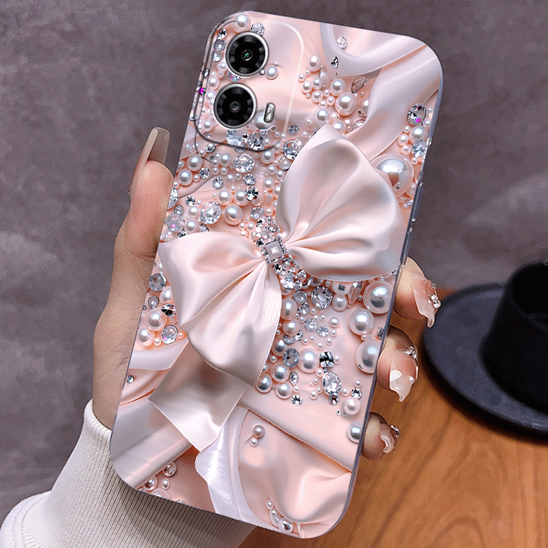 Phone Case - Mobile Cover: Decorative Phone Case with a Pink Satin Bow And Pearl Crystals for Iphone 17 Pro Max/Pro/Air, 16 Plus, 15, 14 Pro Max, 13, 12, 11. A Fantastic Present for Friends, Boys, Girls, Or Family. Anti-Scratch Design