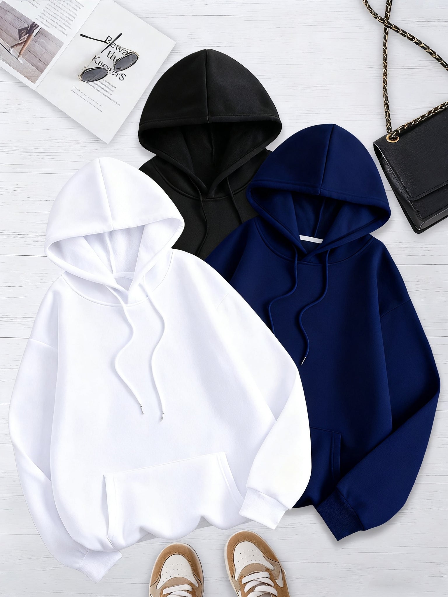 Women's Solid Color 3pcs Set Hooded Sweatshirt with Kangaroo Pocket and Drawstring Hood