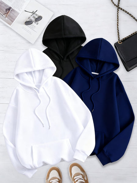Women's Solid Color 3pcs Set Hooded Sweatshirt with Kangaroo Pocket and Drawstring Hood