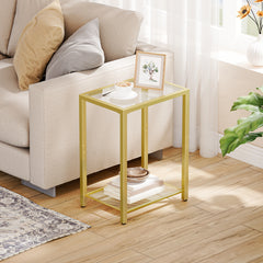 Metal Double-layer Side Table | Golden Frame with Transparent Glass Tabletop, 55cm High, Suitable for Living Room, Bedroom, Balcony, Classic Style by HOOBRO