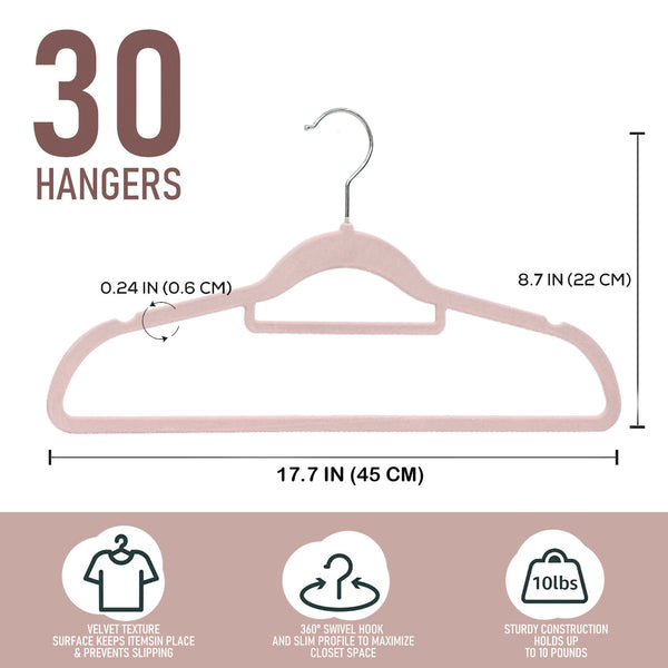 Velvet Hangers 30 Pack - Non-Slip Clothes Hangers with Tie Bar & 360° Hook - Durable & Sturdy, Space-Saving Wardrobe Organisers for Suits, Jackets & Clothes