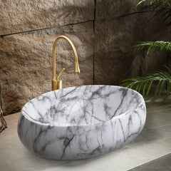 White Ceramic Bathroom Vanity Wash Basin Sink Countertop Oval Marble Effect Bowl With Stainless Steel Drainer Kit, Hand Wash Basin, Classic Design White Marble Effect Oval Sink for Bathroom Lavatory, Hotel Vanity Unit, 48x34x14.5cm, Only Basin