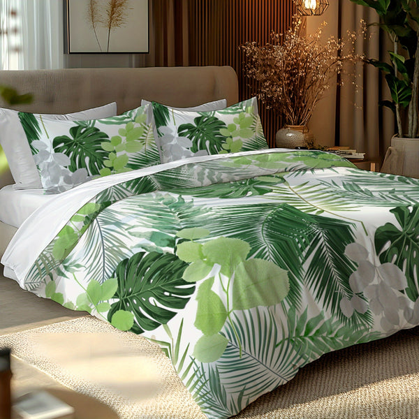 Monstera Green Bedding Set with Digital Printed Duvet Cover And Pillowcases