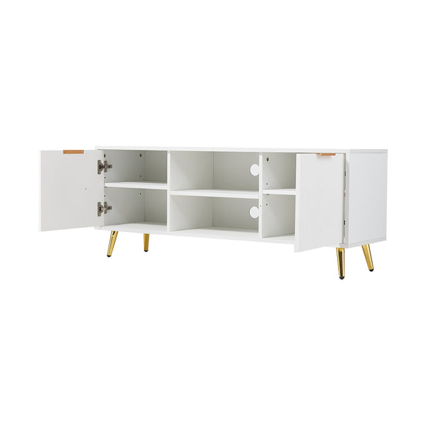 Modern Minimalist Style White Stripes TV Stand 47.2inch Media Unit Storage Cabinet with Open Storage Shelves Entertainment Center for 55 inches TVs Living Room Furniture Cupboard 120cm