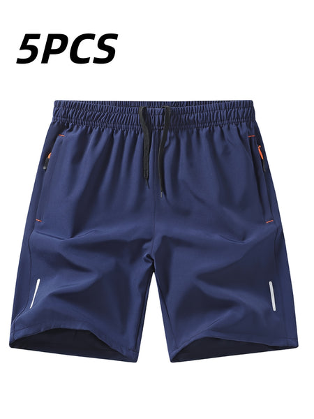 5pcs Men'S Outdoor Sports Quick-Dry Shorts, Breathable Comfort Spandex Blend with Zipper Pockets And Drawstring, Featuring Silvery Reflective Strips, Elastic Waistband, Suitable for Climbing, Tennis, Running, And Outdoor Activities
