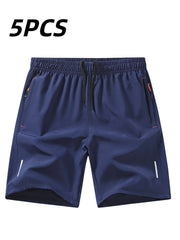 5pcs Men'S Outdoor Sports Quick-Dry Shorts, Breathable Comfort Spandex Blend with Zipper Pockets And Drawstring, Featuring Silvery Reflective Strips, Elastic Waistband, Suitable for Climbing, Tennis, Running, And Outdoor Activities