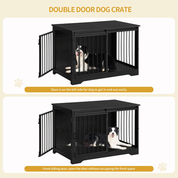 Dog Crate Furniture, 100.08cm Double Door Dog Crate with Barn Door, Dog Kennel Indoor, End Side Table Wooden Dog Crate for Small Medium Large Dog, Anti-Chew Anti-Escape, Greige, White
