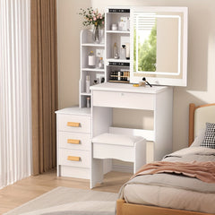 Modern Dressing Table with LED Lights, Vanity Desk with Mirror/4 Drawers/Cushioned Stool, Makeup Bedroom Dressing Table with Open Shelves for Home Bedroom