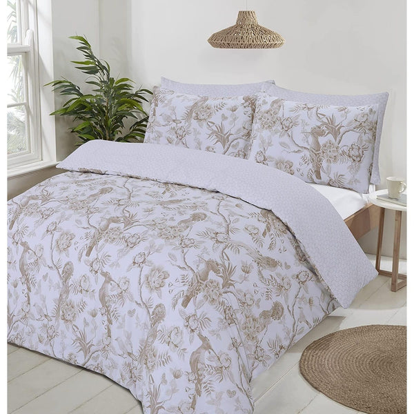 Night Comfort Eco Breathable Duvet Cover with Pillowcases | 100% Polycotton Percale Exclusive Chinoiserie Birds - Gold Design | Machine Washable and Non-Allergenic Bedding Set