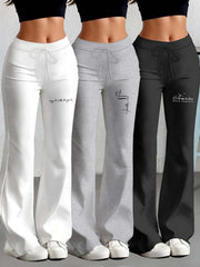 European and American Spring/Summer New Fashion Women's Bottoms: Flared Straight-Leg Pants with Classic English Text Print, Daily Casual Butt-Lifting Peach Butt Long Pants, Three-Piece Set
