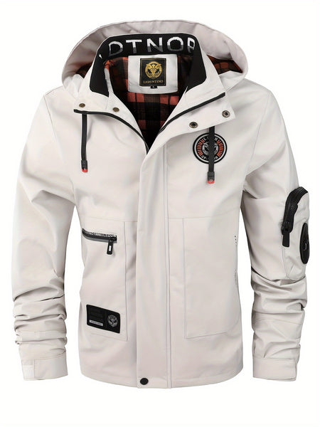Multiple Pocket Design Men's Embroidery Long Sleeve Zip Up Drawstring Hooded Jacket, Men's Stand Collar Thin Jacket for Spring Outdoor