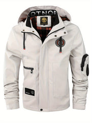 Multiple Pocket Design Men's Embroidery Long Sleeve Zip Up Drawstring Hooded Jacket, Men's Stand Collar Thin Jacket for Spring Outdoor
