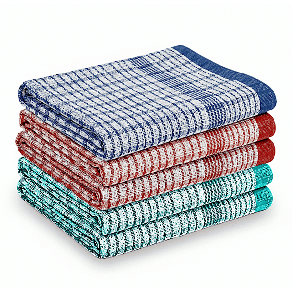 Checked Tea Towels Dish Cloths Pack of 5 Cotton Towels Quick Dry Large Size 50x75cm