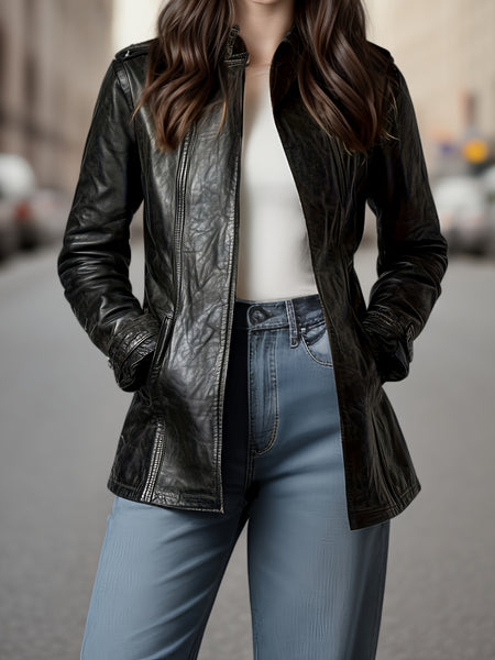 PU Spring, Summer, And Autumn Casual Pocket Slim Mid-Length Cardigan Jacket, Retro Long-Sleeved Motorcycle Jacket, Stand-Up Collar Style, Women'S Zippered Cardigan, Long-Sleeved Top, Ideal for Outings, Commuting, And Parties