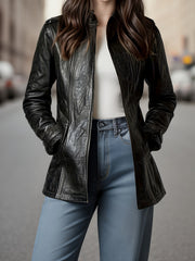 PU Spring, Summer, And Autumn Casual Pocket Slim Mid-Length Cardigan Jacket, Retro Long-Sleeved Motorcycle Jacket, Stand-Up Collar Style, Women'S Zippered Cardigan, Long-Sleeved Top, Ideal for Outings, Commuting, And Parties