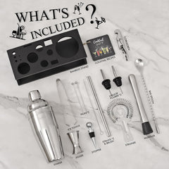 Cocktail Making Set, Cocktail Shaker Set 750Ml Stainless Steel Bar Tool Set Bartender Kit with Bamboo Display Stand for Home & Bar (Black Silver - 17PCS)