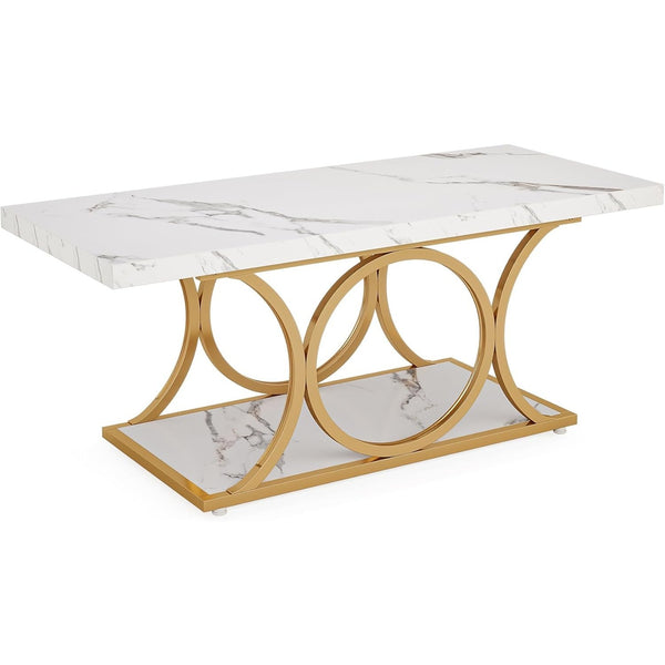47 Inches Modern Coffee Tables for Living Room, 2-Tier Faux Marble Wood Coffee Table with Storage, Large Center Table with Gold Metal Legs
