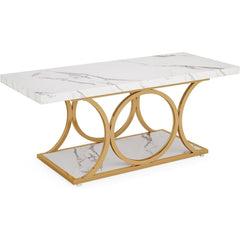 47 Inches Modern Coffee Tables for Living Room, 2-Tier Faux Marble Wood Coffee Table with Storage, Large Center Table with Gold Metal Legs