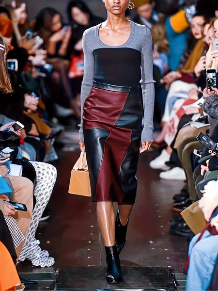 CHIDU Women'S Skirt for Autumn And Winter, High-Waisted PU Mid-Length Skirt with Color Block Design, Elegant Dress with Zipper, Fashionable Irregular Style, Perfect for Family Events And Stylish Commuting