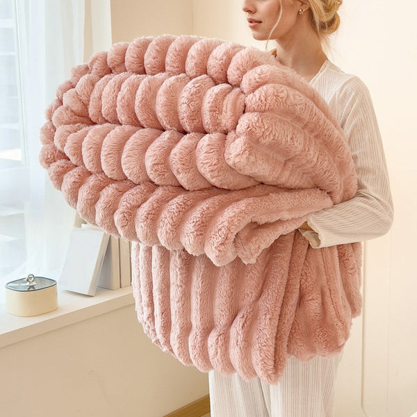 Premium Polyester Ribbed Throw Blanket Ultra Soft Faux Rabbit Fur Warm Lightweight Blanket for Home Office Camping All Seasons UK Brand Fast Delivery