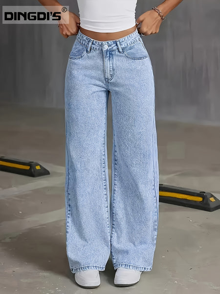 Women's New Fashion Stretchy Straight Jeans, Loose Comfort Fit Wide Leg Jeans, Acid Washed Light Blue Denim Trousers with Pockets, Elegant Women's Clothing, High Waisted Tummy Control Pantalones. Baggy Casual Pants for Travel, Work and Office Wear.