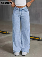 Women's New Fashion Stretchy Straight Jeans, Loose Comfort Fit Wide Leg Jeans, Acid Washed Light Blue Denim Trousers with Pockets, Elegant Women's Clothing, High Waisted Tummy Control Pantalones. Baggy Casual Pants for Travel, Work and Office Wear.