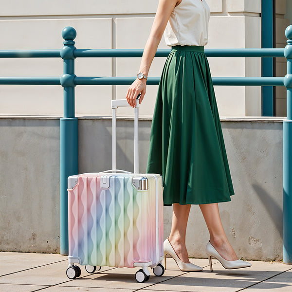 Cabin Luggage, Multifunctional Suitcase, Travel Suitcase, Carry-on Luggage with Cup Holder, Stand, Hook, Dreamy Rainbow Gradient Luggage 18 Inch, Lightweight & Durable Trolley Case with Spinner Wheels