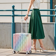 Cabin Luggage, Multifunctional Suitcase, Travel Suitcase, Carry-on Luggage with Cup Holder, Stand, Hook, Dreamy Rainbow Gradient Luggage 18 Inch, Lightweight & Durable Trolley Case with Spinner Wheels
