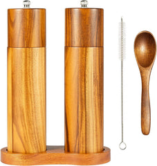 Wooden Salt And Pepper Grinder Set, Acacia Wood Pepper Mill With Wooden Tray, Cleaning Brush, Spoon, 20.32 Cm, Dinner Table Accessories, Chrismas Gifts, Halloween Gifts