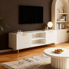 Modern Minimalist Style White Stripes TV Stand 47.2inch Media Unit Storage Cabinet with Open Storage Shelves Entertainment Center for 55 inches TVs Living Room Furniture Cupboard 120cm