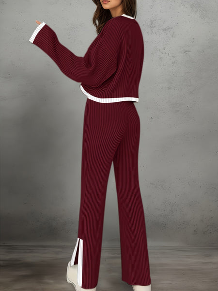 Women'S Short Color-Blocked Long-Sleeve Top with Solid Color Pants, a Casual And Stylish Outfit for Christmas