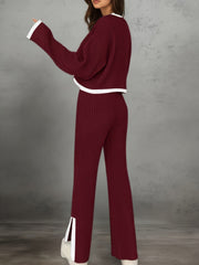 Women'S Short Color-Blocked Long-Sleeve Top with Solid Color Pants, a Casual And Stylish Outfit for Christmas