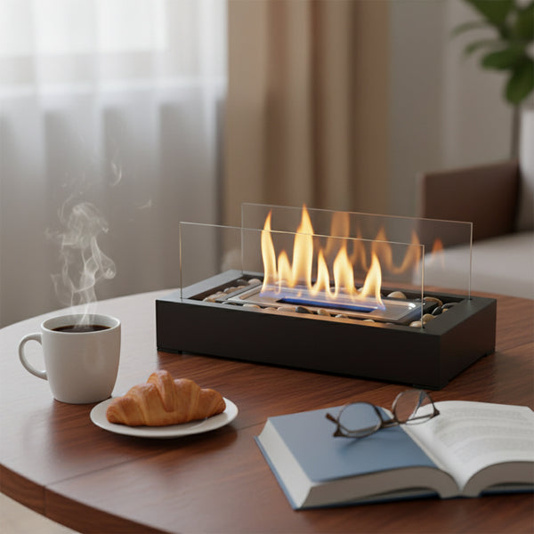 Rectangular Two-pane Glass Fireplace | Black Multi-functional Desktop Warm Stove, Contemporary Style, Metal, No Lighter Device, Suitable for Desktop or Small Space Usage