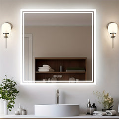 Square LED Bathroom Mirror Measuring 800X800Mm, Featuring Illuminated Backlighting, Wall Mounting, an Anti-Fog Demister, a Smart Touch Button, And Dimmable Settings for Makeup Application